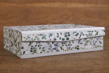 Preview: Handmade box with eucalyptus leaves, illustrated with watercolor, delicate green nuances, light linen edges